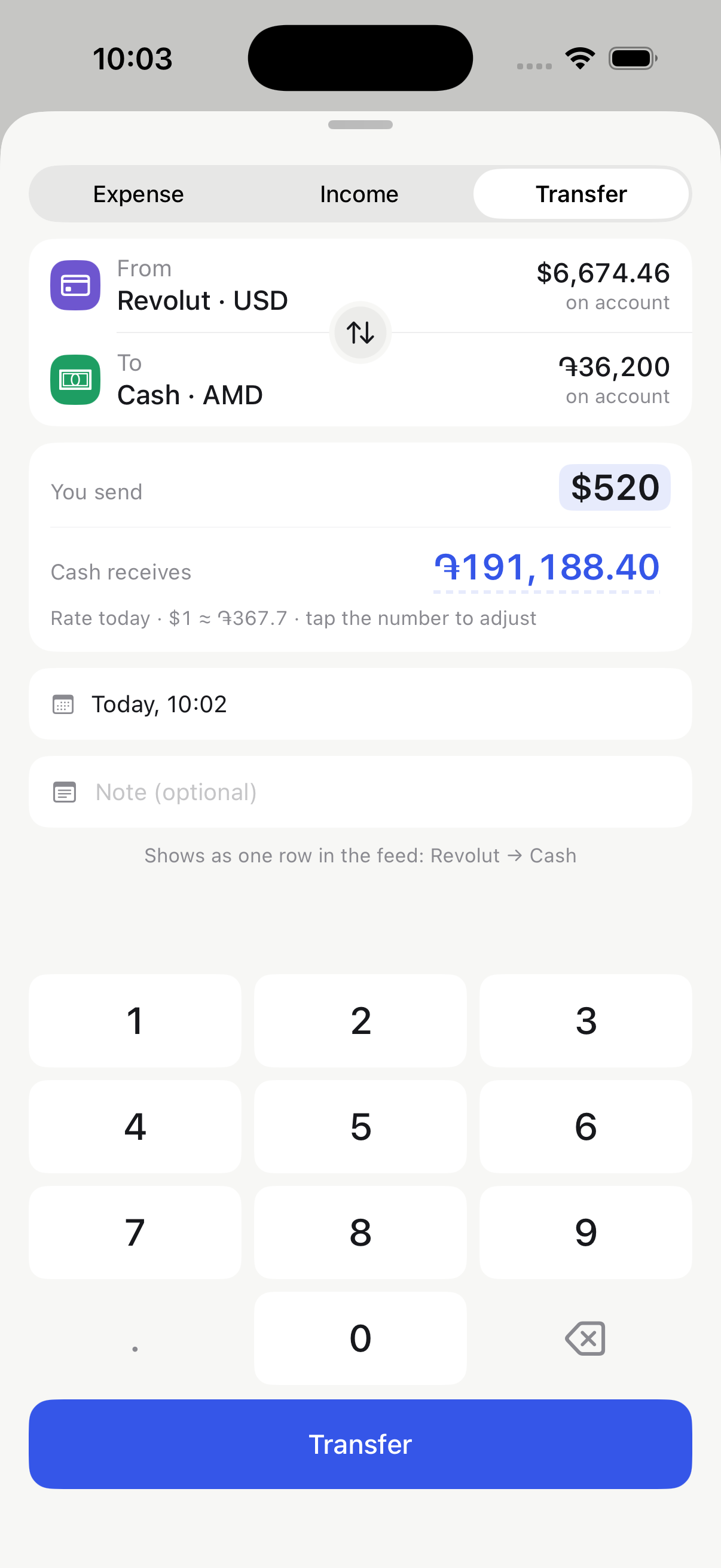 Obolos transfer screen: sending USD and receiving AMD with a real exchange rate